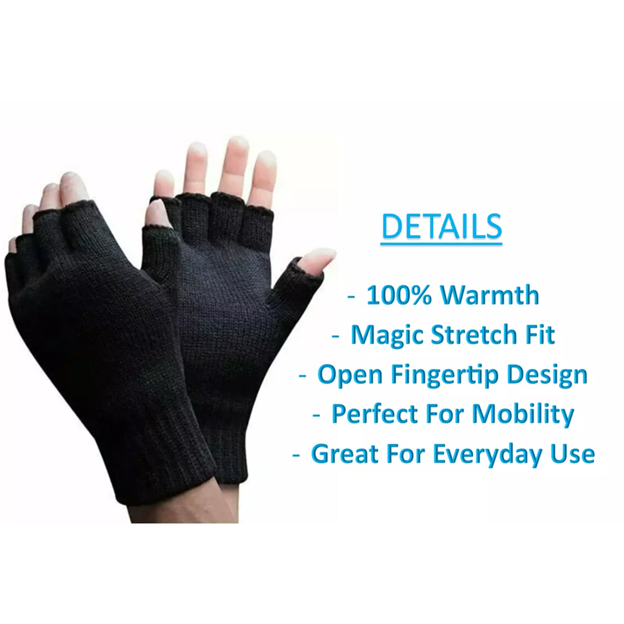 Unisex Black Fingerless Gloves One Size Stretch Fit Open Fingertip Winter Warm